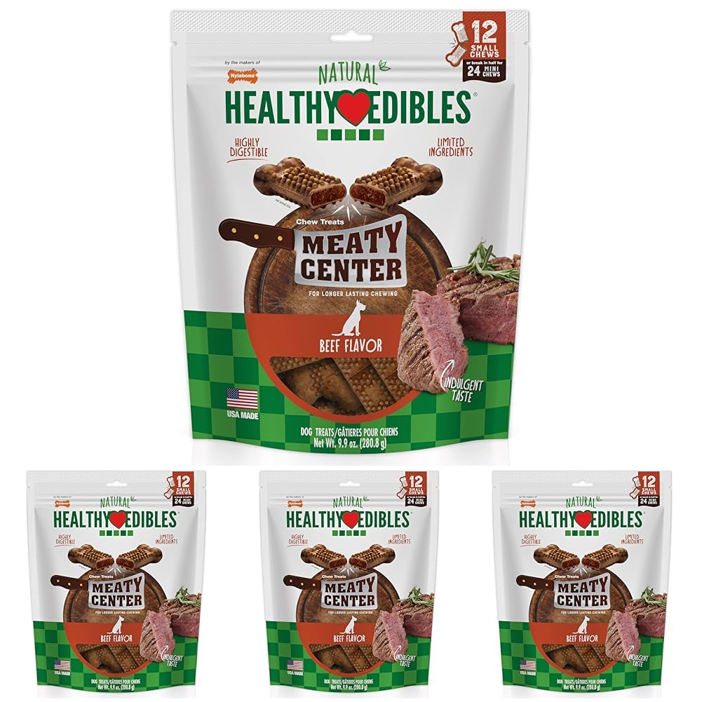 Nylabone Healthy Edibles Natural Dog Chews Long Lasting Meaty Center Beef Flavor Treats for Dogs, Small (12 Count) (Pack of 4)