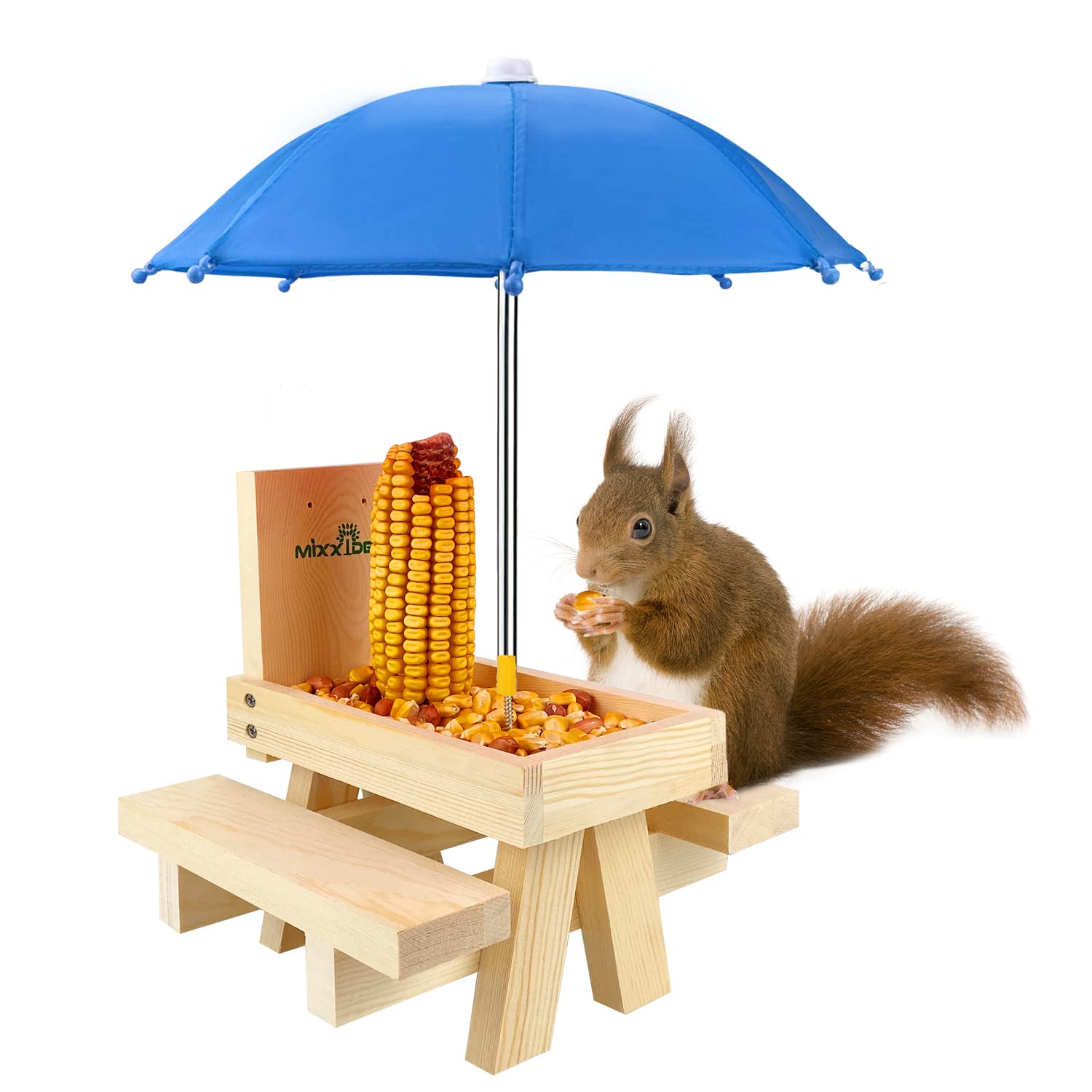 MIXXIDEA Squirrel Feeder Table with Umbrella, Wooden Squirrel Picnic Table Feeder, Sturdy Squirrel Feeder Corn Cob Holder, with 