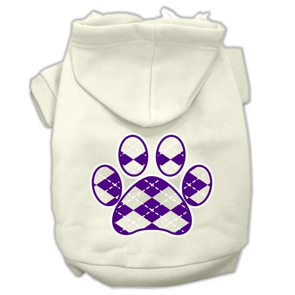 Pet Dog & Cat Hoodie Screen Printed, 'Purple Argyle Paw' Cream Xs (0-3 Lbs.)