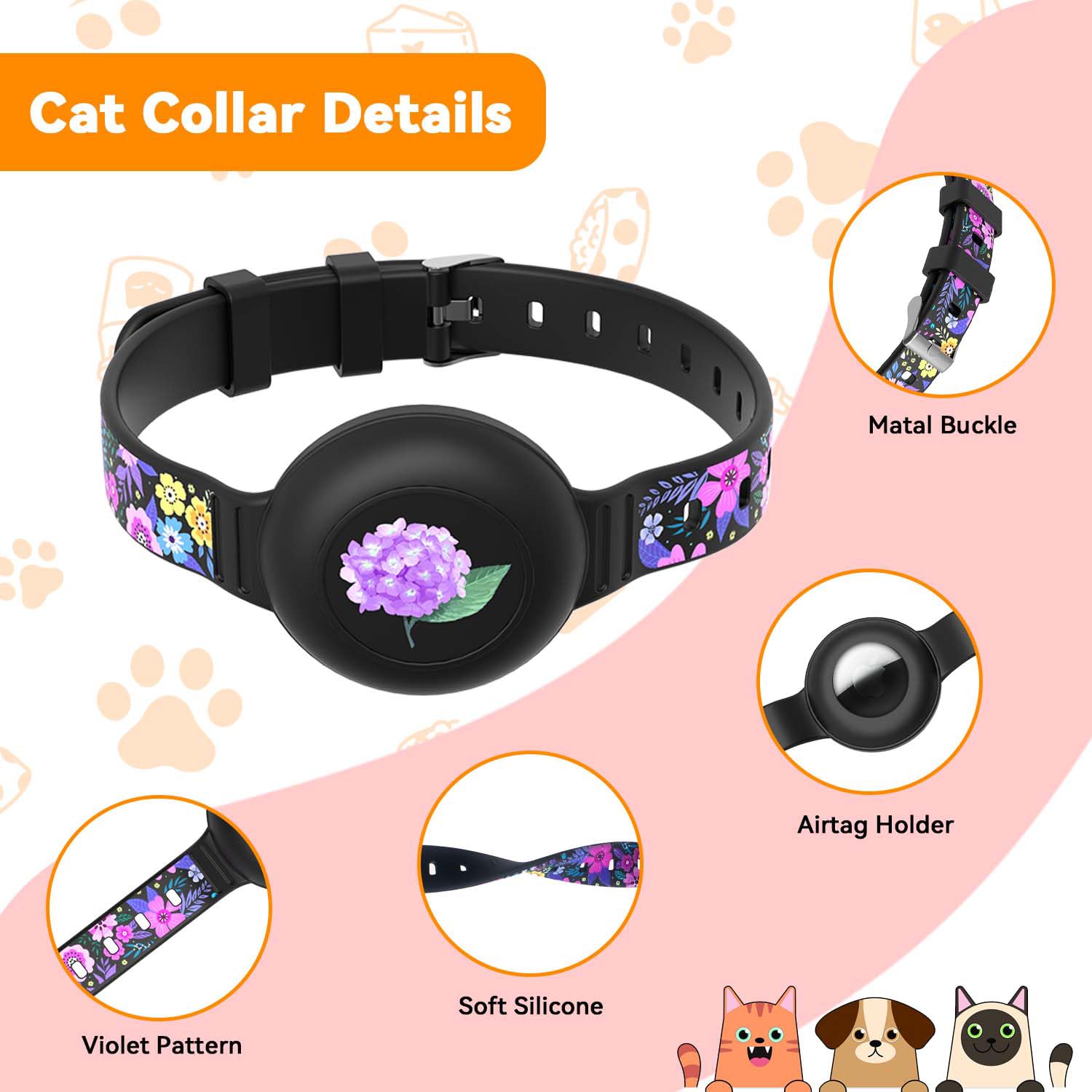 Fgerwz Cute Airtag Cat Collar With Metal Buckle, Cat Collar Airtag One-Piece Printing Design - Adjustable Length (6-11'), Silic