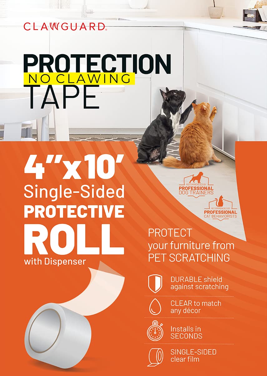 Clawguard Protection Tape - Durable Single-Sided Shield Protection Barrier Against Cat, Dog, Bird, Rabbit Scratching And Clawing Furniture, Couch, Window Sill, Car Door, Glass And More! 4In X 10'