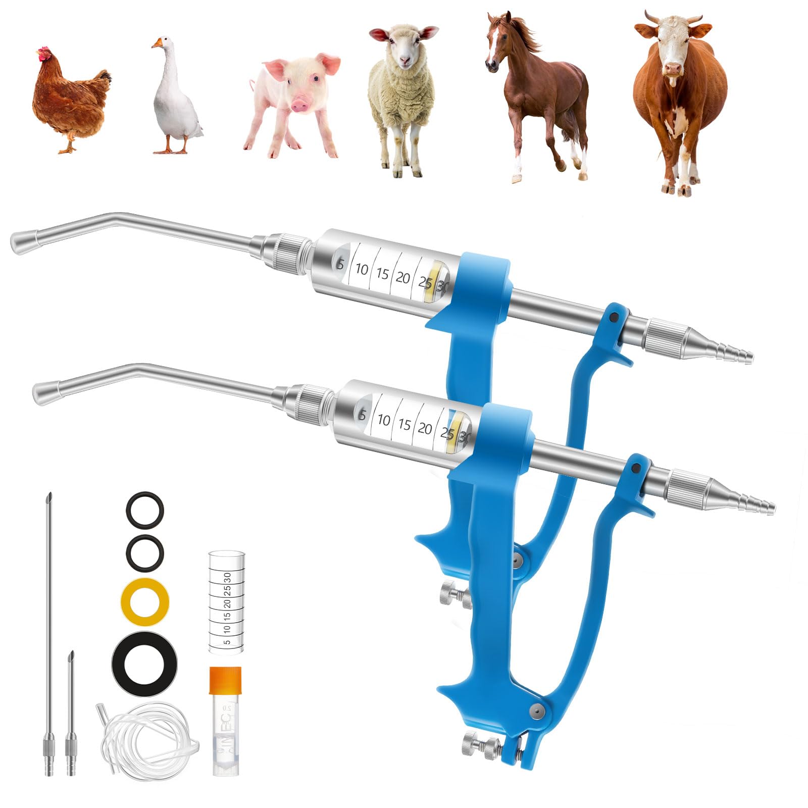 Anglechic 2 Pack 30ml Sheep Drench Adjustable Drench Gun for Goats Metal Veterinary Feeding Gun Veterinary Medicine Syringe Drug