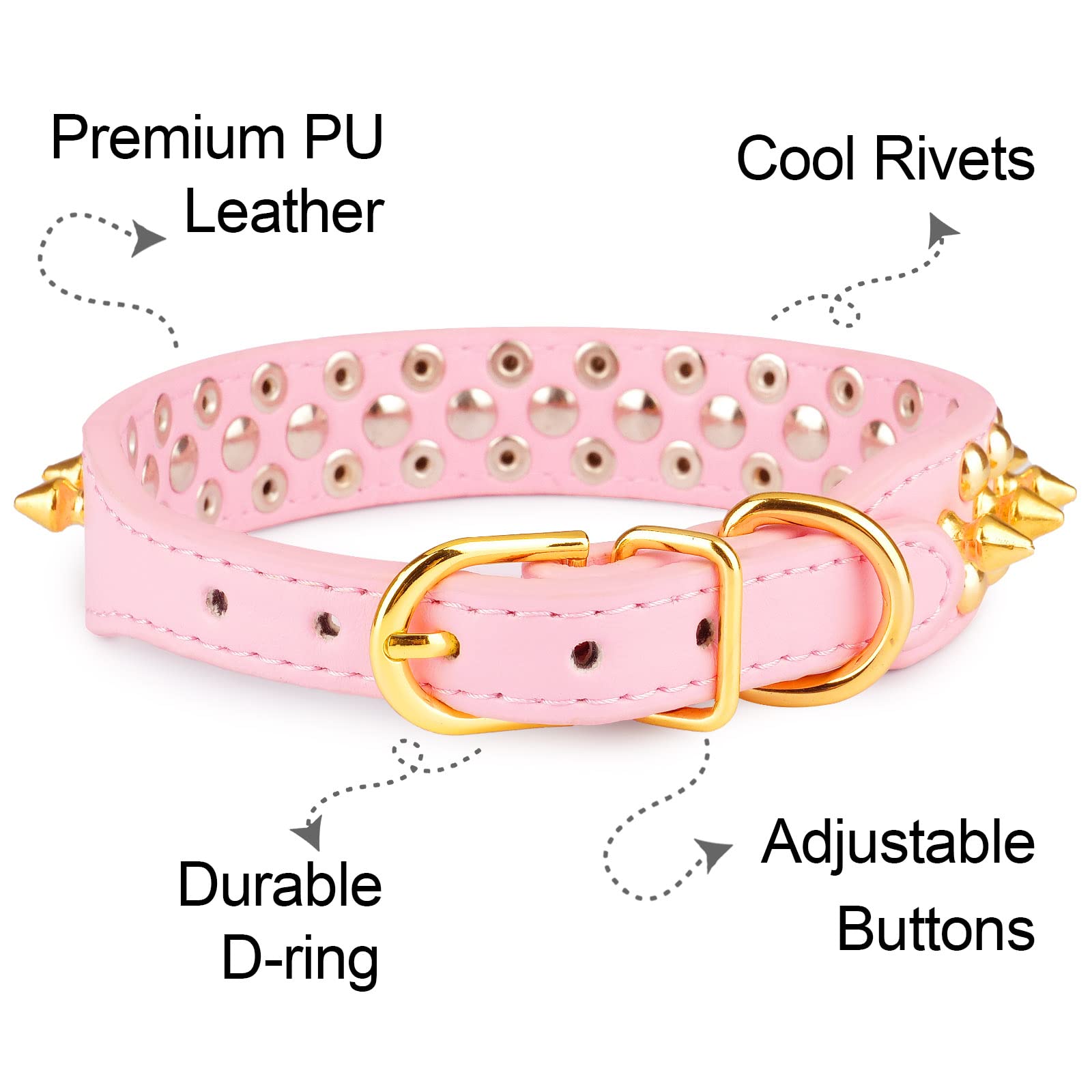 Epesiri Spiked Dog Collar, Adjustable Pink-Gold PU Leather, Includes Leash, Size L (13.7"-16")