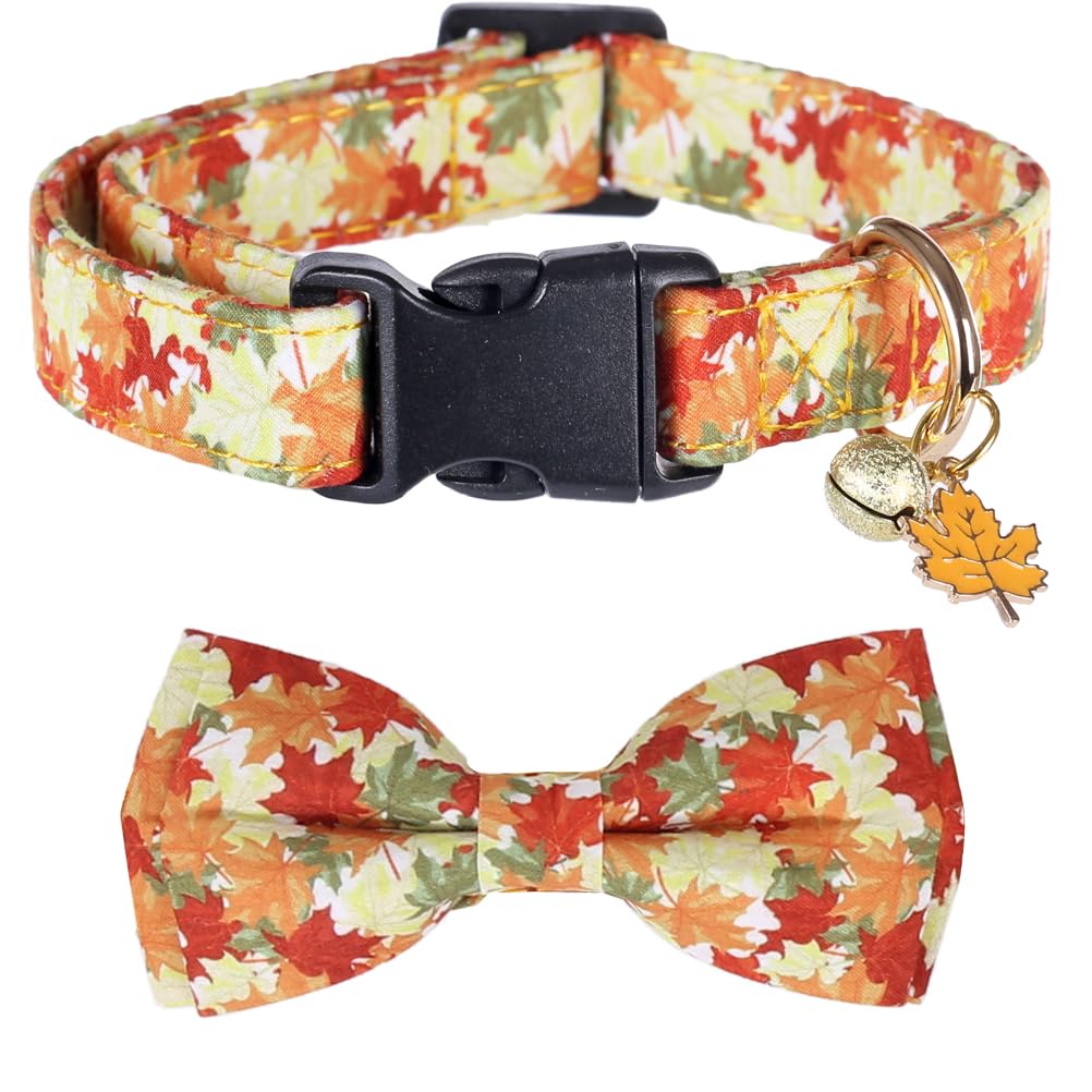 Thanksgiving Day Dog Collar Fall With Bowtie And Bell Autumn Holiday Adjustable Pet Collars For Dogs (Maple Leaf,Medium)