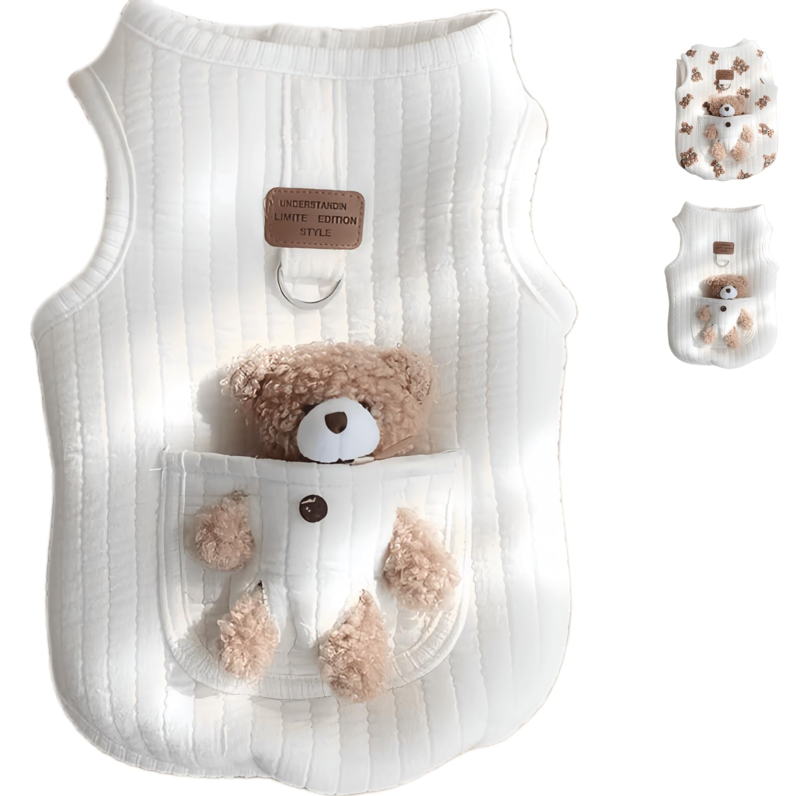 Cute Pet Apparel Plush Bear Pattern Cartoon Dog Clothes All Season Sleeveless Puppy Kitten Pullover Soft Skin-Friendly (White1, 