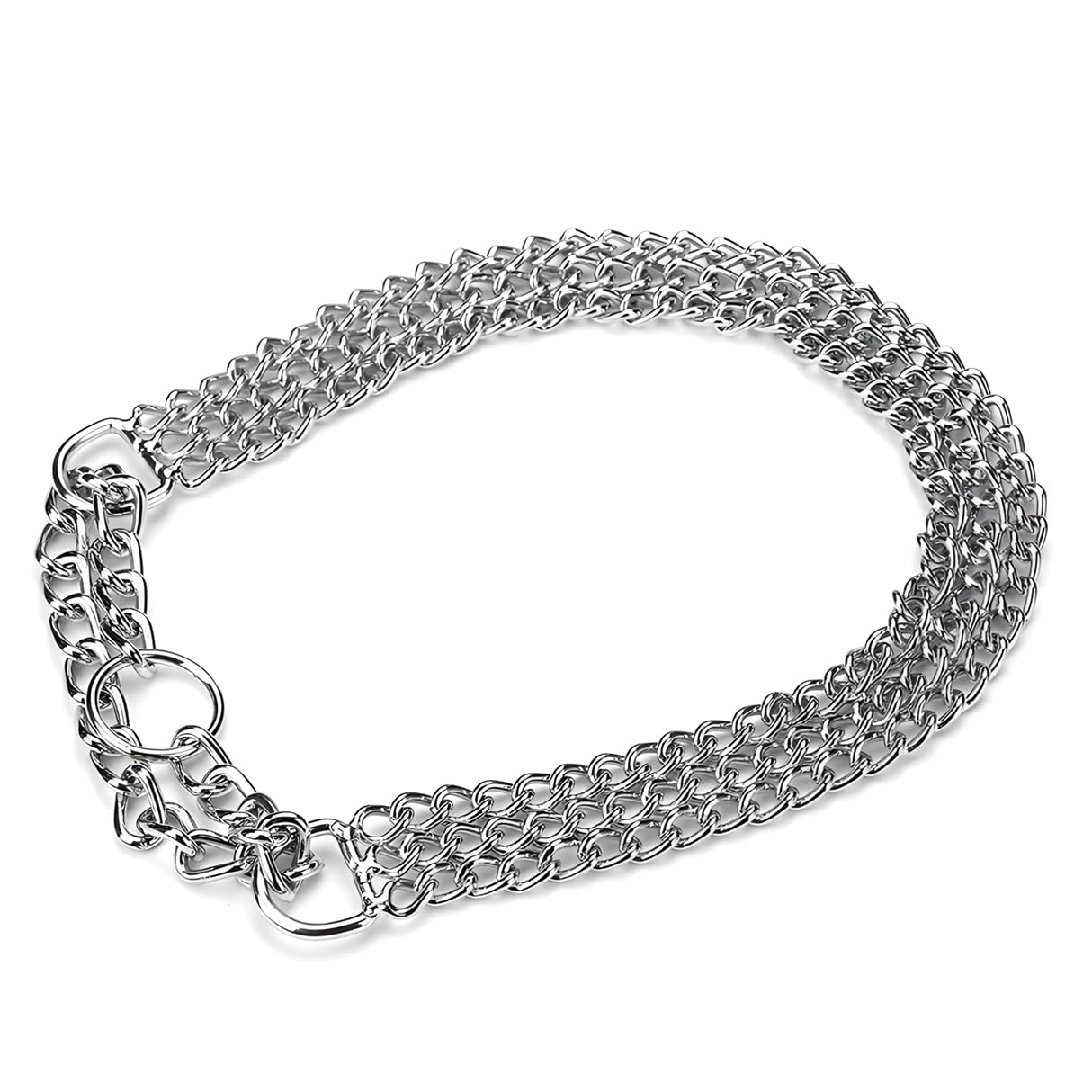 Dog Choker Chain, Heavy Duty Silver Triple Row Martingale Chain Dog Collars, Chew Proof Metal Cuban Link Dog Collar Adjustable F