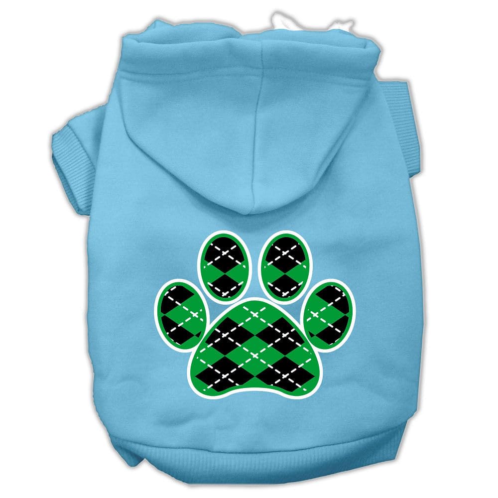 Pet Dog & Cat Hoodie Screen Printed, 'Green Argyle Paw' Baby Blue Md (6-10 Lbs.)