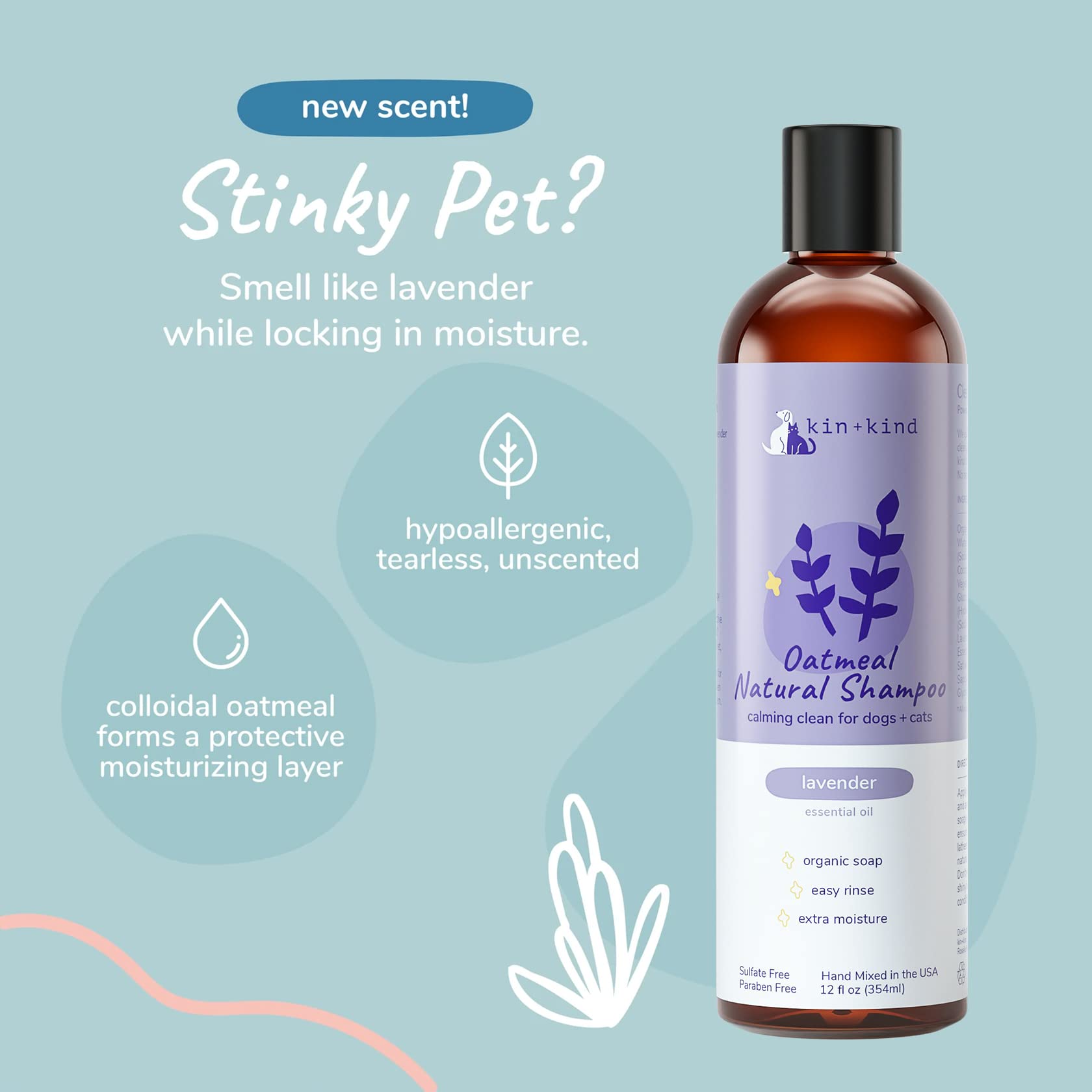 Kin+Kind Oatmeal Shampoo Lavender For Dogs & Cats Natural Dog Shampoo For Itchy & Sensitive Skin With Colloidal Oatmeal, Olive O
