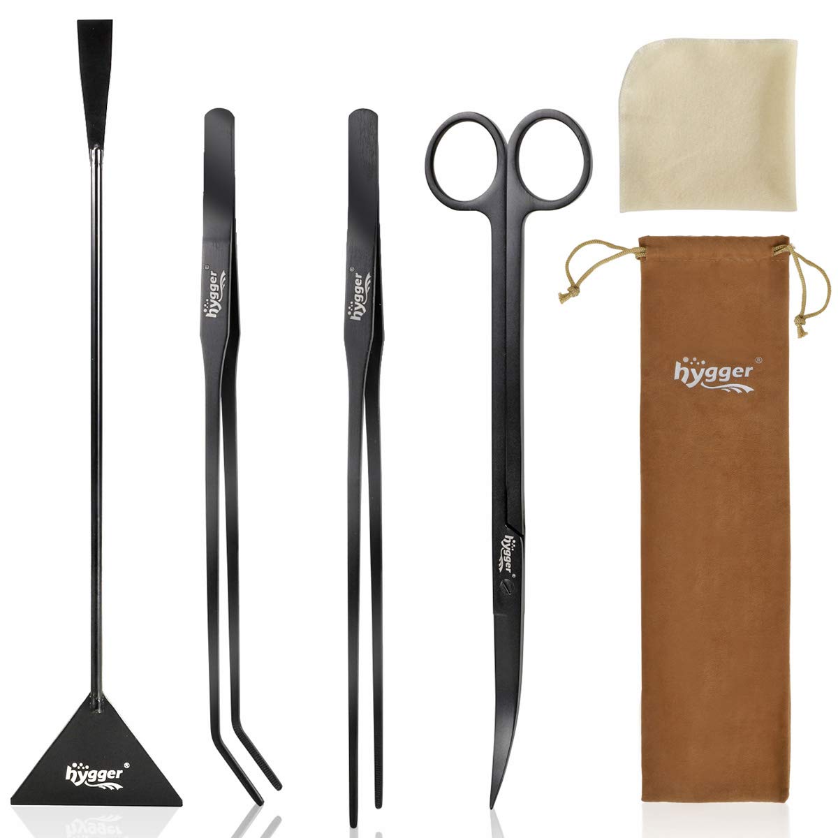 Hygger Long Stainless Steel Premium Aquarium Tools, 4 Pcs Aquatic Plant Tweezers Scissors Spatula Kits Comes With 1 Cleaning Clo
