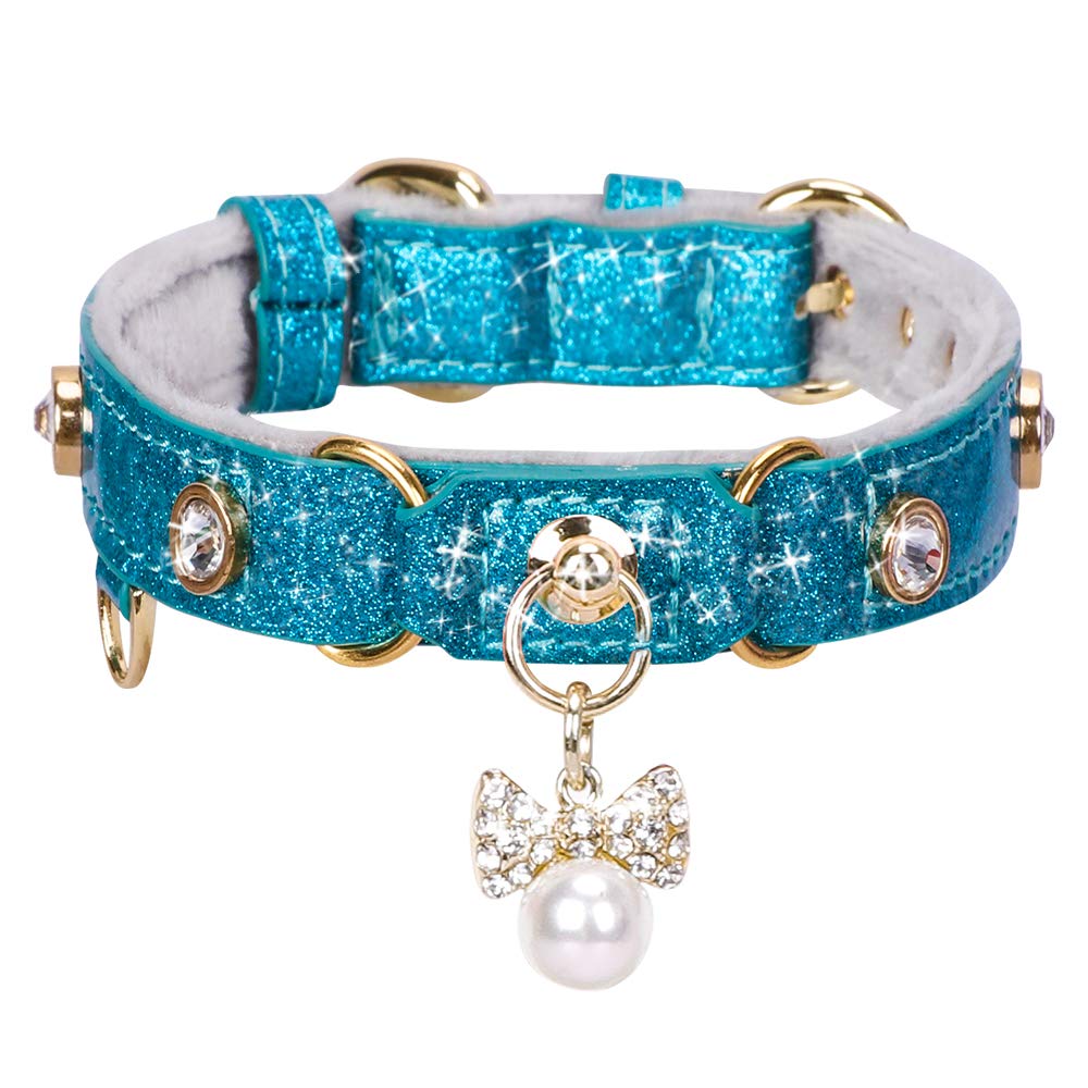 Petshome Cat Collar, Dog Collar, [Bling Rhinestones] Pu Leather Adjustable Pet Collar With Luxury Pendant For Cat And Small Dog Extra Small Blue