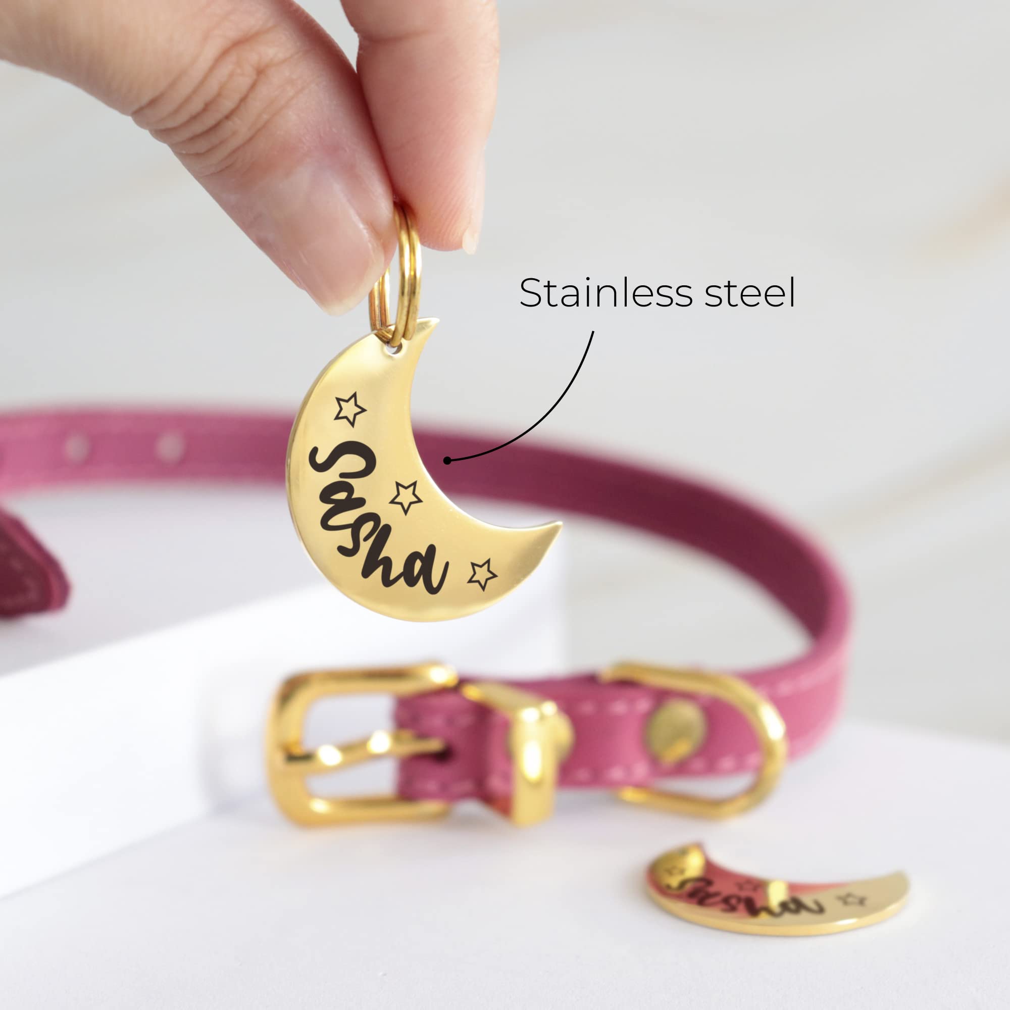 Custom Moon Pet Tag Id, Personalized Stainless Steel Cute Shiny Bling Stars Collar Tag Lost Boy & Girl Dogs Puppies Cats & Ring Engraved Sos Customizable With Owner Information Name, Phone, Address
