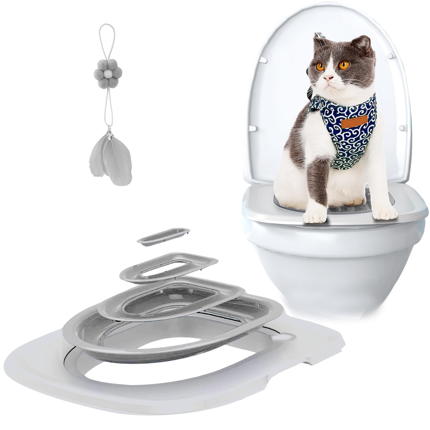 Cat Toilet Training Kit,Cat Toilet Training Systems,Reusable Plastic Trainer For Pet Cleaning With 1 Replaceable Feather Toy,Lit