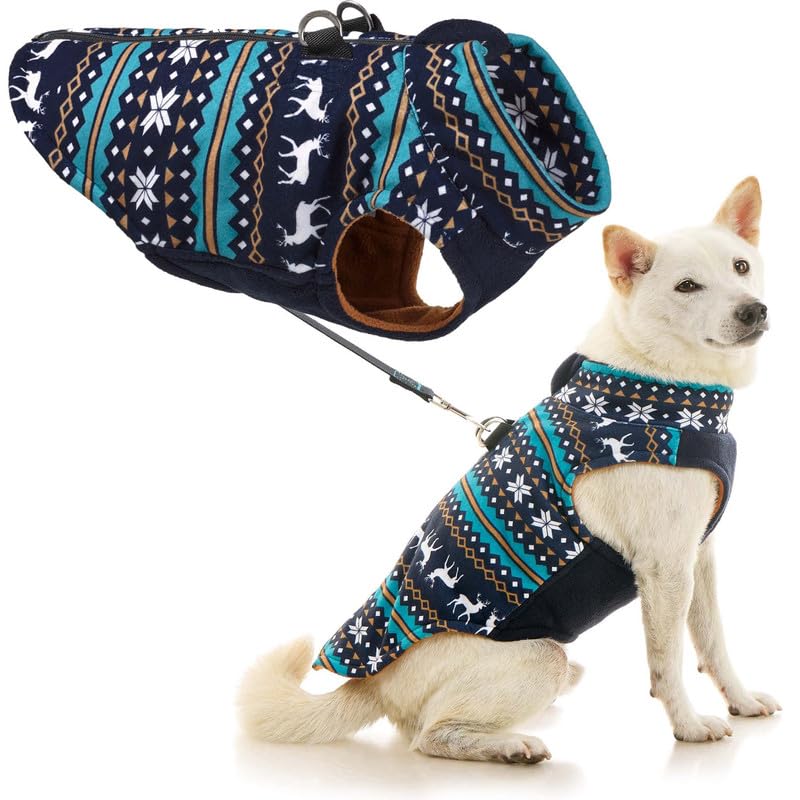Gooby Zip Up Fleece Dog Sweater - Deer Blue, Large - Warm Pullover Fleece Step-In Jacket With Dual D Ring Leash - Winter Small D