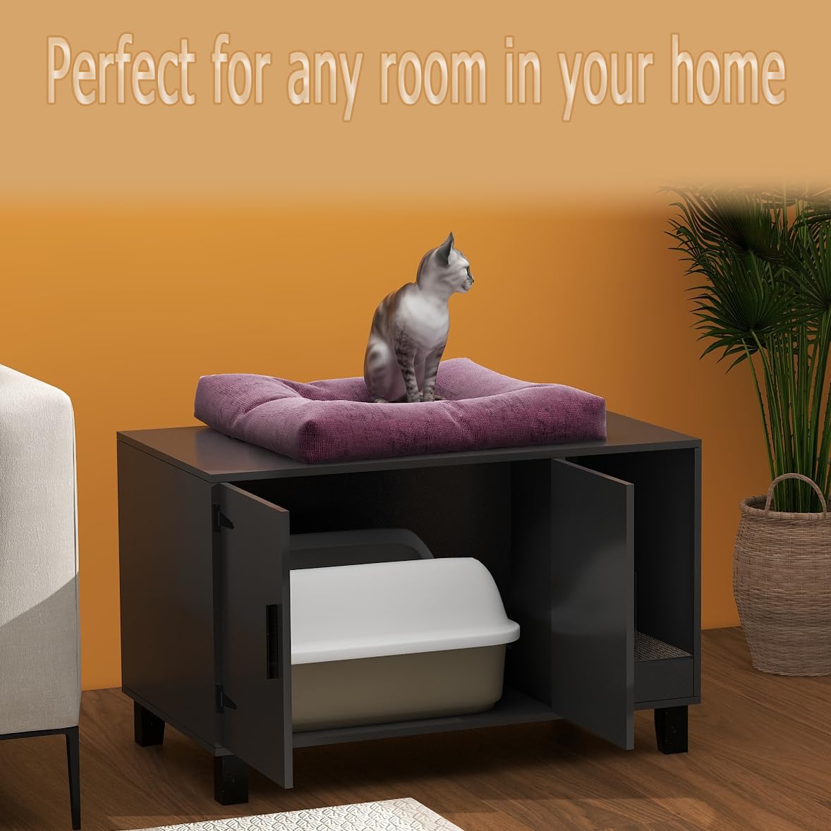 Taohfe Litter Box Enclosure Cat Litter Box Furniture Hidden With Cat Scratch Pad Decorative Farmhouse Wooden Hidden Litter Box C