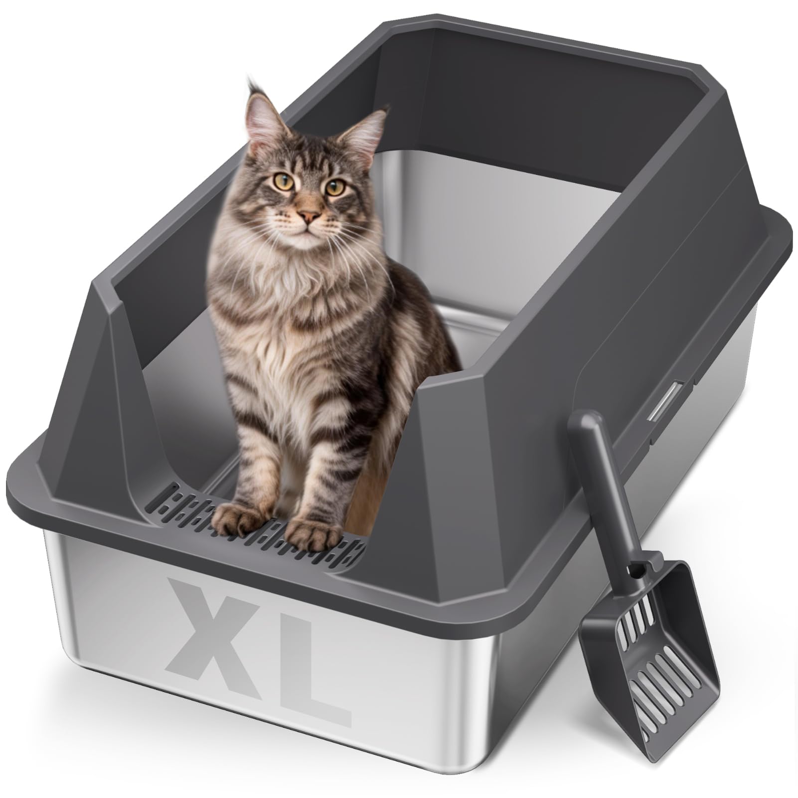 TEVILA Stainless Steel Litter Box with High Sides, XL High Sided Cat Litter Pan, Open Top Extra Large Metal Cat Litter Box, Non-