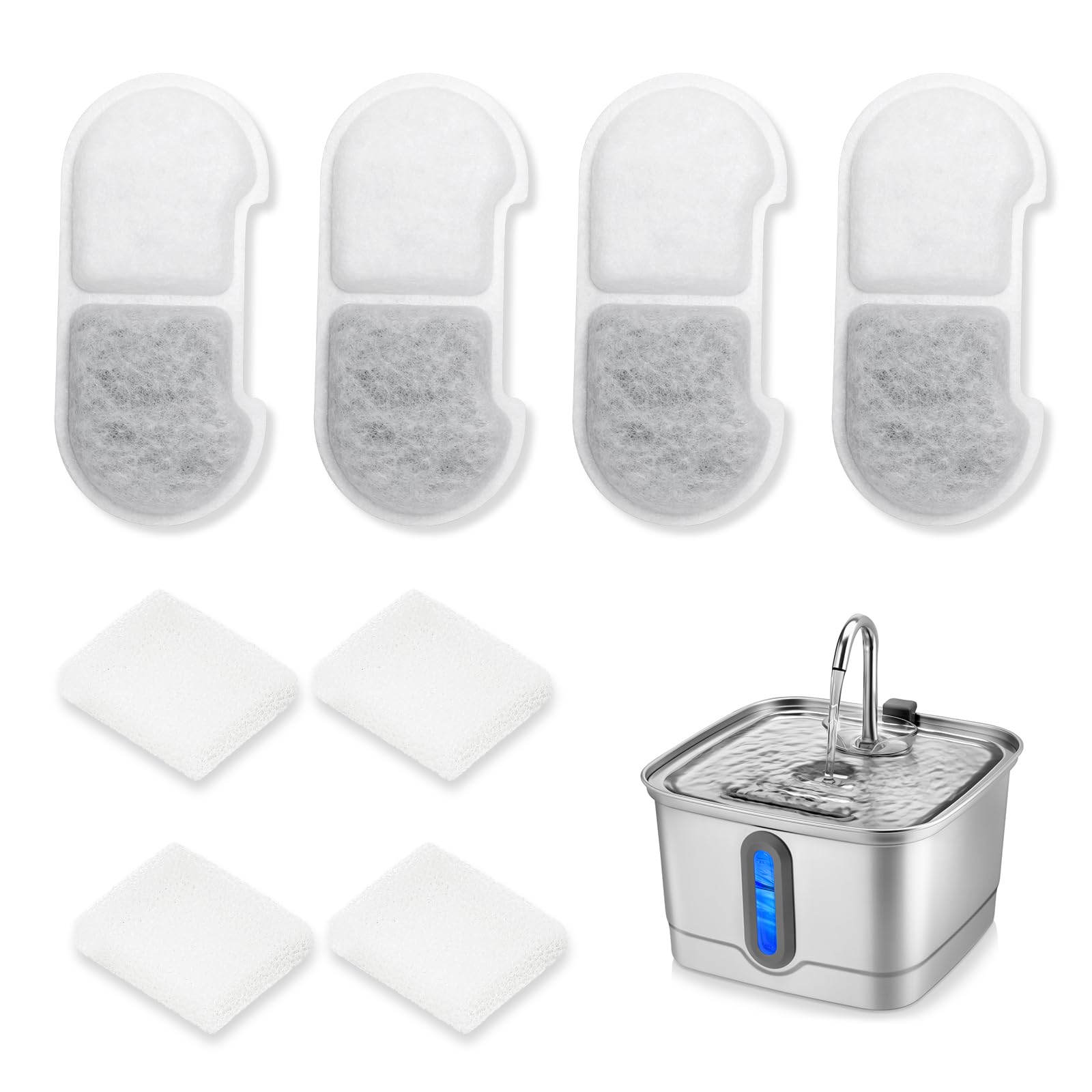 SEIRMEP Official 4 Packs Cat Water Fountain Replacement Filters & Pre-Filter Sponges for 101oz/3L Stainless Steel Cat Water Foun