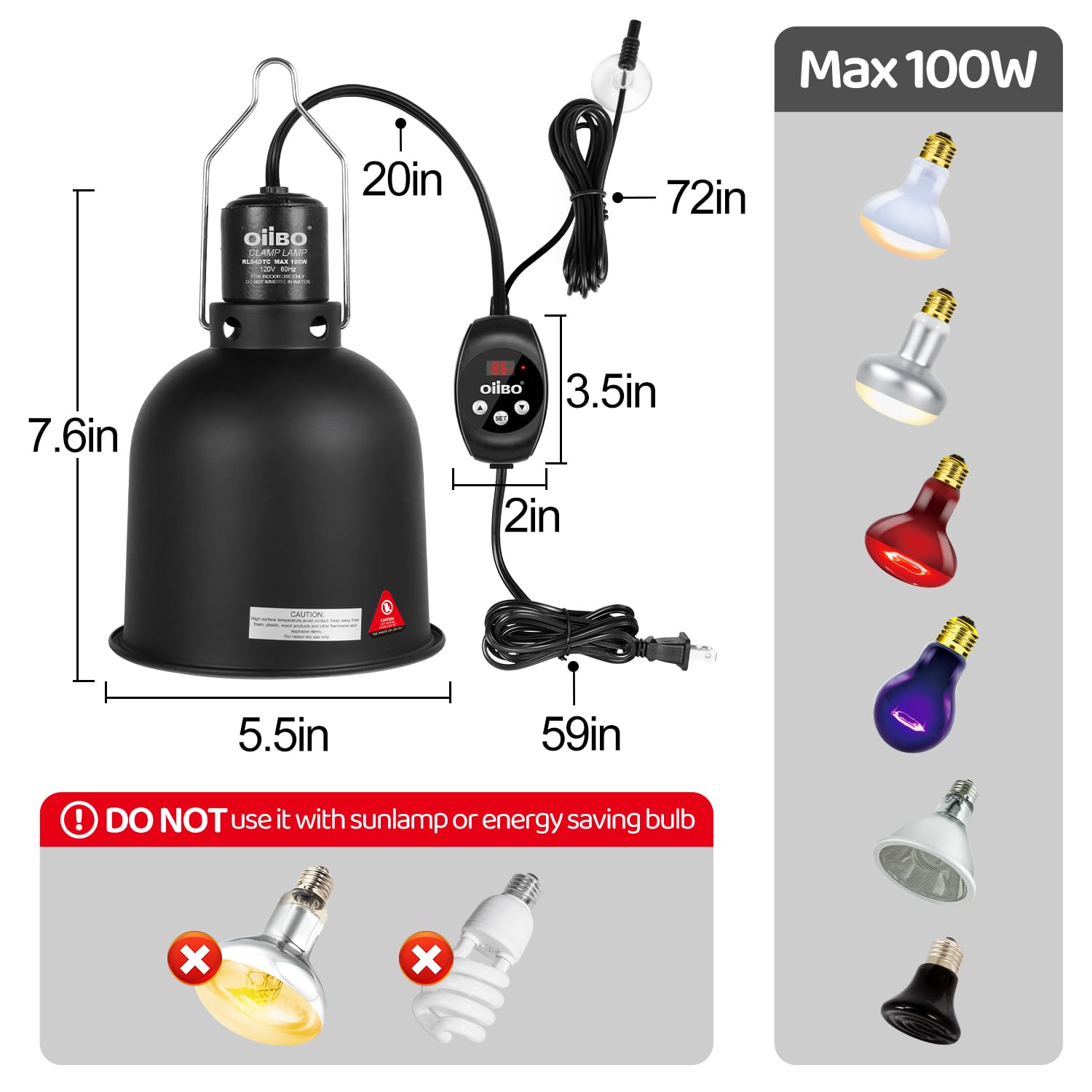 Oiibo Reptile Light Fixture With Dimming Thermostat, 5.5 Inch Deep Dome Lamp Fixture, Pid Temperature Controller For Reptile Hea