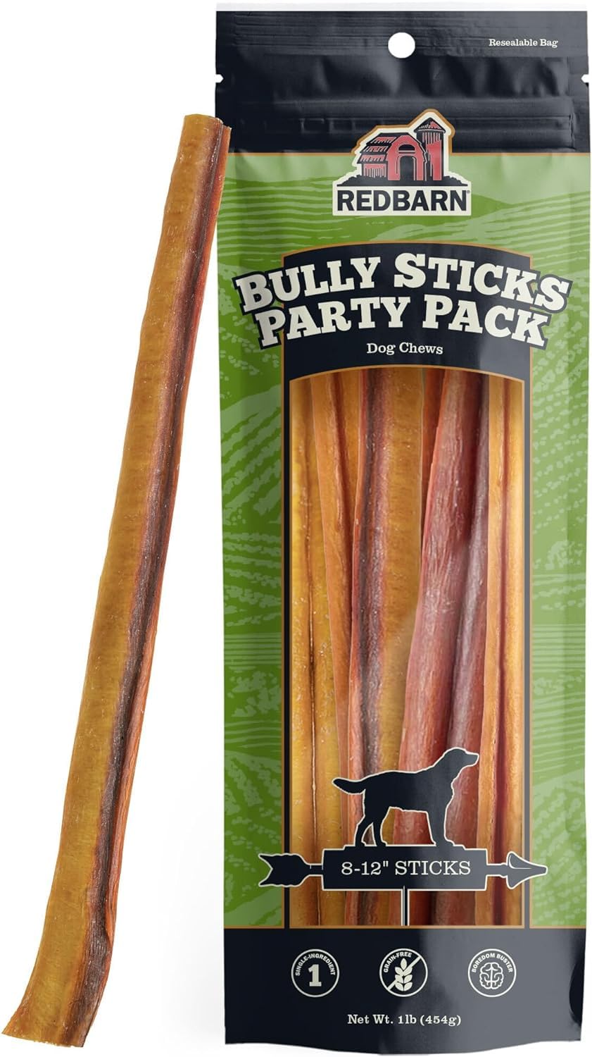 Redbarn Pet Products All Natural 8-12' Bully Sticks For Medium & Large Dogs - Healthy Long Lasting Chews Variety Party Pack - 100% Beef Single Ingredient Low Odor Rawhide Free - 1 Lb. Bag