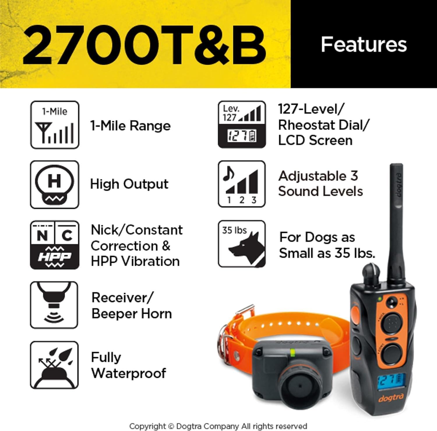 Dogtra 2700T&B Long Range 1-Mile 1-Dog Training & Beeper Remote Dog Training E-Collar For Upland Gun Dog