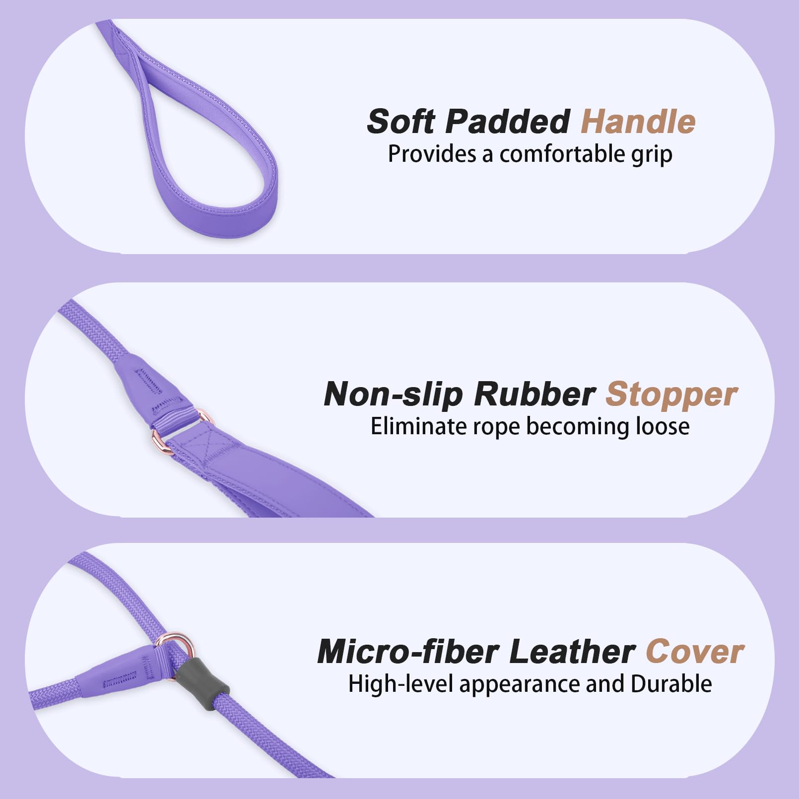 Aaufilux Slip Lead Dog Leash, Double Handle, Soft Leather, Heavy Duty Nylon, No Pull Walking, 6Ft Purple