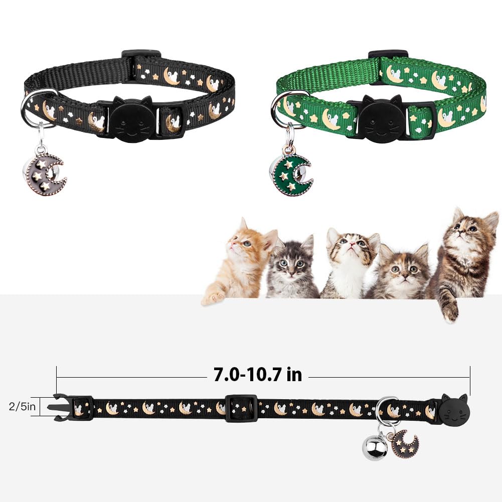 2Pcs Breakaway Cats Collars Cat Collars For Boy & Girl Cats Adjustable Kitten Collars With Bell,Black+Emerald