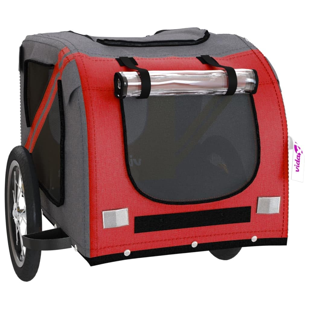vidaXL Pet Bike Trailer for Small Dogs - Red/Gray Oxford Fabric Bicycle Pet Carrier with Iron Frame, Mesh Windows, Zippered Doors, Safety Flag, and Reflectors - Comfortable and Secure Pet Transport