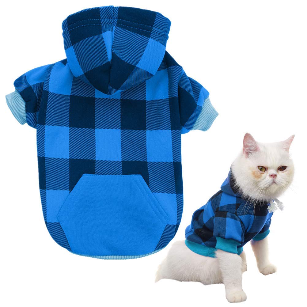 Plaid Dog Hoodie Pet Clothes Sweaters With Hat Blue Small (Pack Of 1)