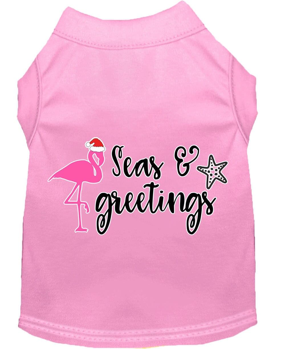 Christmas Pet Dog & Cat Shirt Screen Printed, &quot;Seas and Greetings&quot; Bright Pink SM (3-6 lbs.)