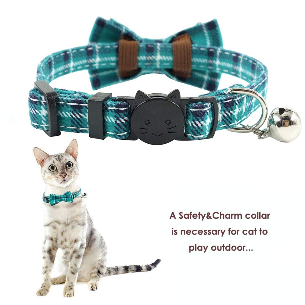 Cat Collar Breakaway with Bell and Bow Tie, Plaid Design Adjustable Safety Kitty Kitten Collars(6.8-10.8in) (Cyan-Blue)