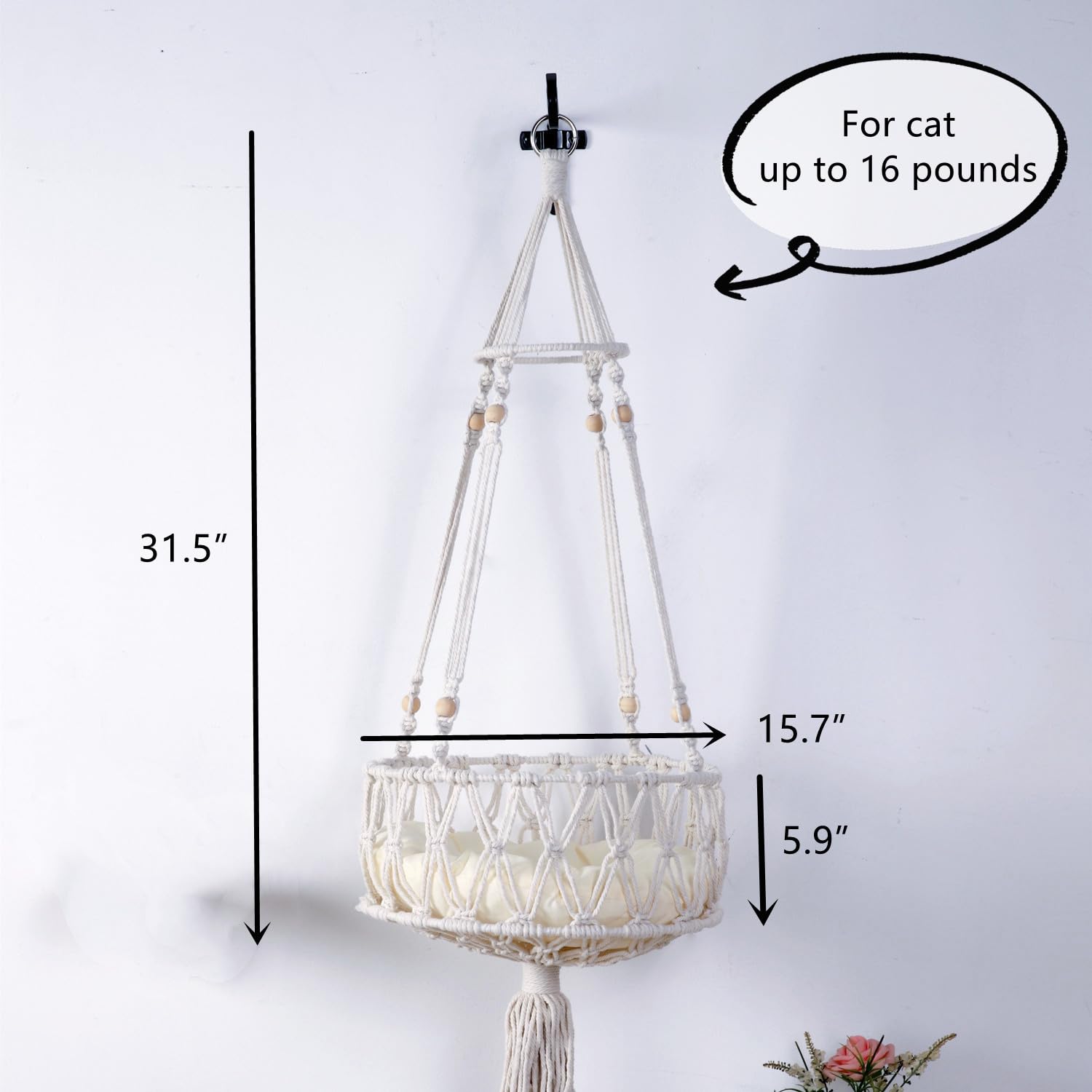 Shengocase Macrame Boho Cat Hammock With 3 Steps And Hook, Wall Mounted Swing Bed, Hanging Cat Bed For Indoor Cats, Wall Furnitu