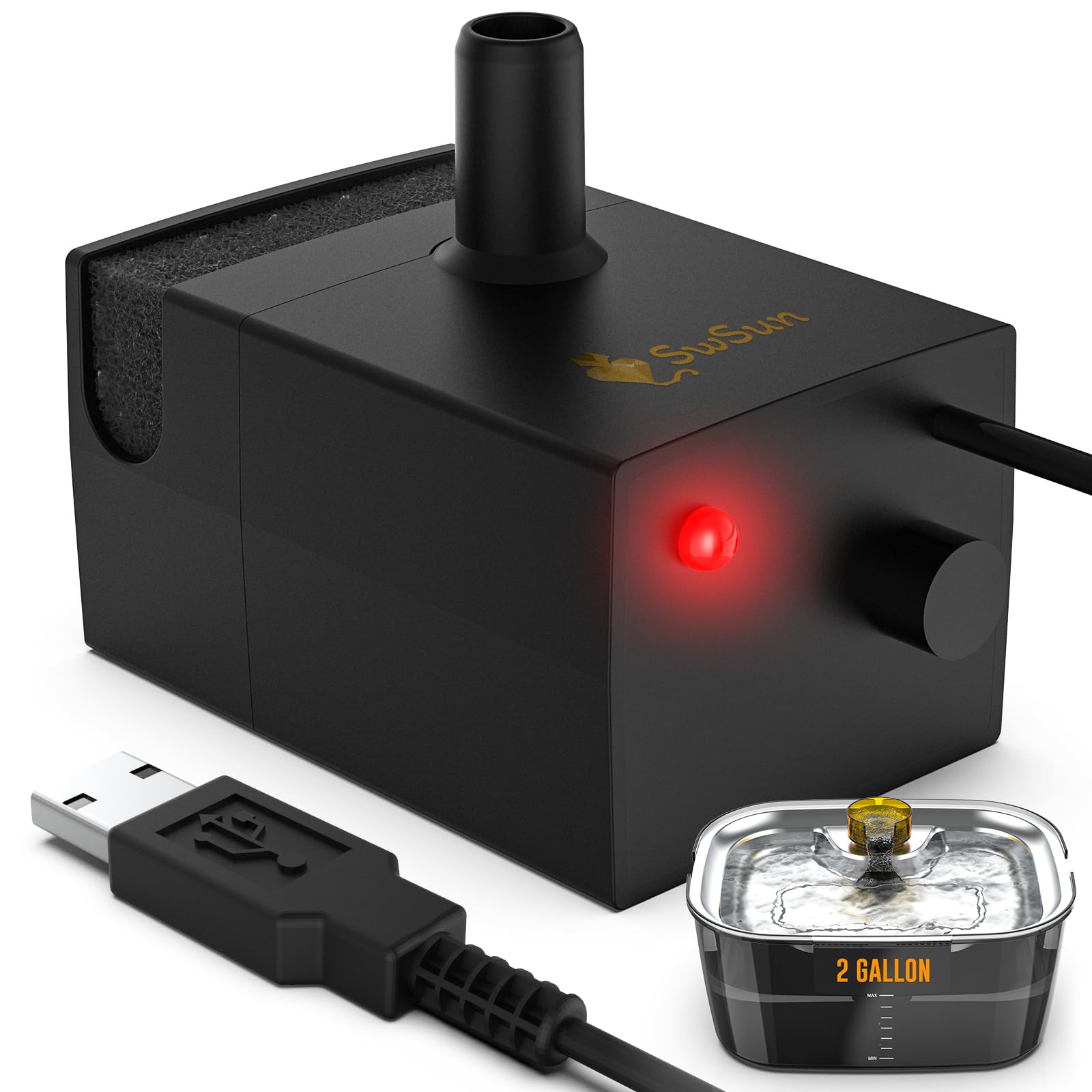 Swsun Dog Water Fountain Pump For 2.6/2 Gallons Large Dog Water Fountain Stainless Steel For Large Dogs, Replacement Water Pump For D2223, D2322, D2341 Models, Long Lifespan, Quiet And Safe, Usb Cable