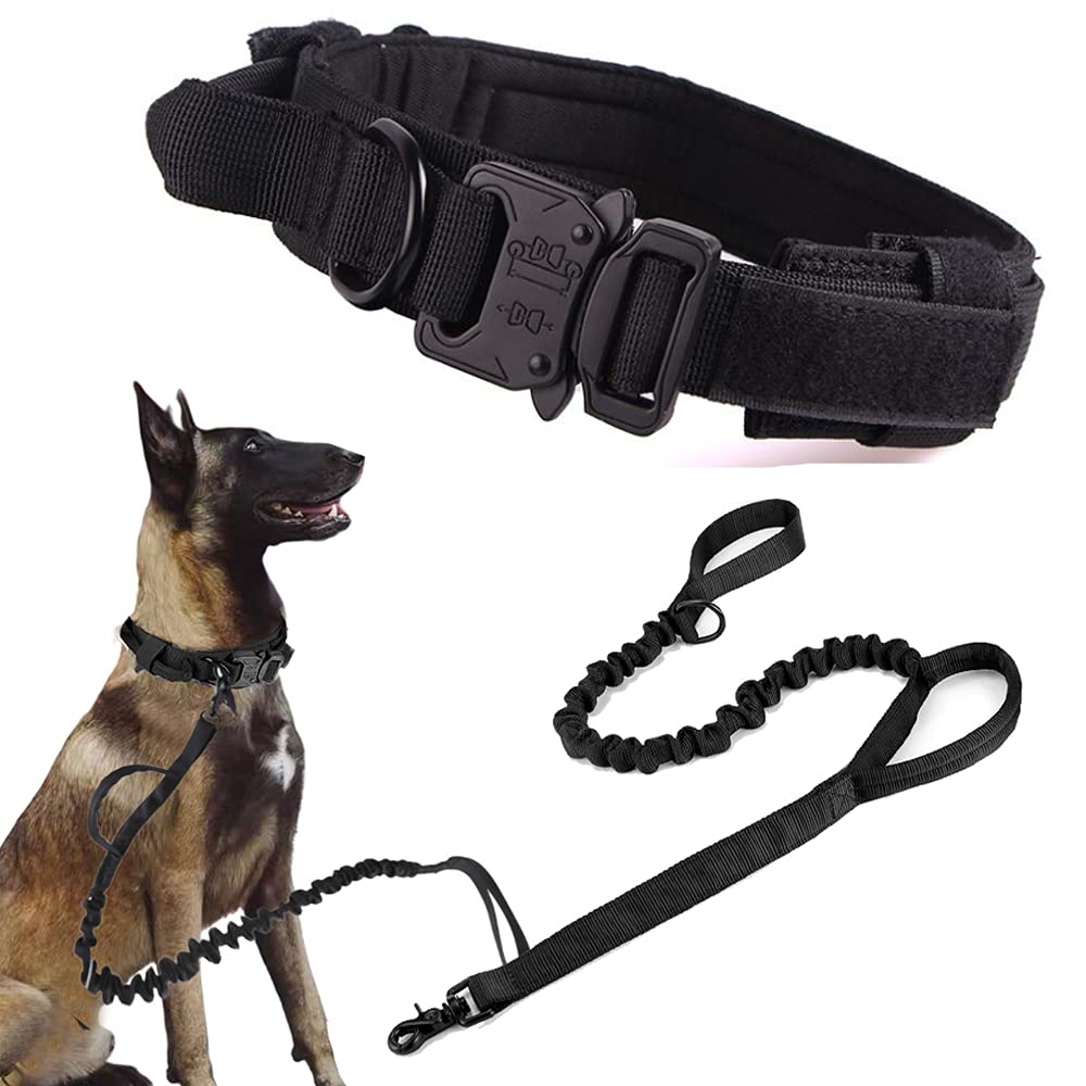 Tactical Dog Collar And Leash Set Tactical Dog Collar With Handle Bungee Leash Adjustable Military Training Nylon Collar Dog Training Collar Leash Set With Control Handleand Metal Buckle (Black Xl