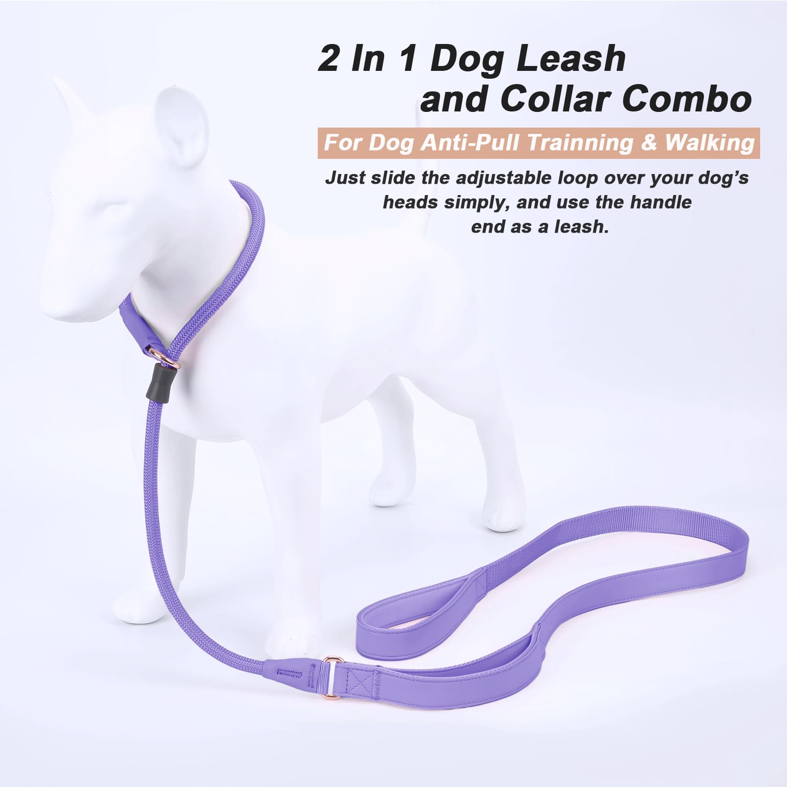 Aaufilux Slip Lead Dog Leash, Double Handle, Soft Leather, Heavy Duty Nylon, No Pull Walking, 6Ft Purple