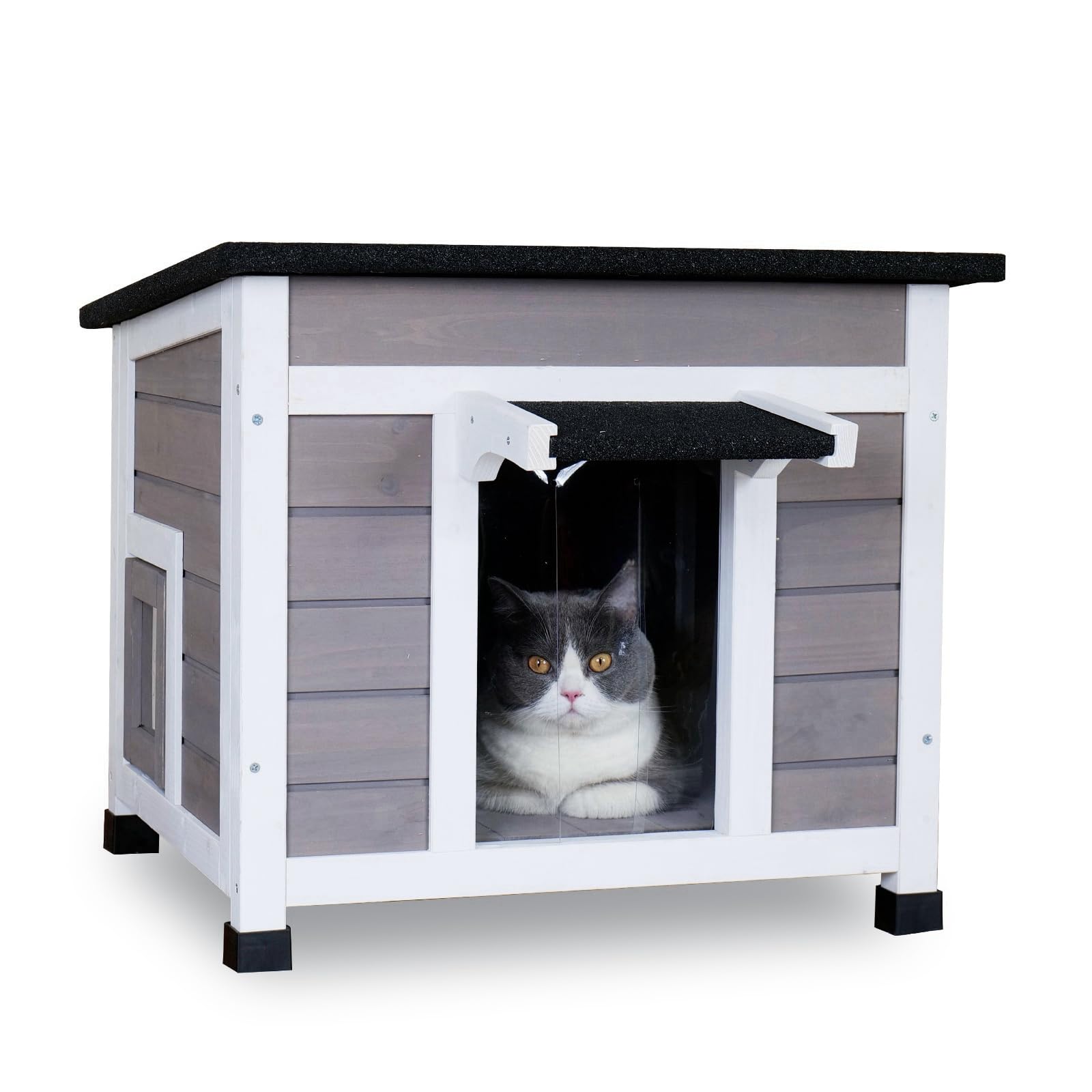 Cat House Outdoor For Feral Cats - Winter Shelter With Openable Roof & 2 Escape Doors