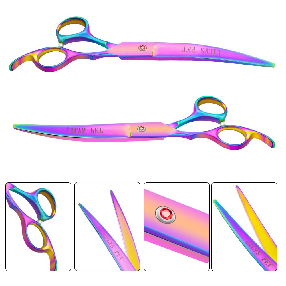 Lilys Pet Professional Pet Dog Grooming Coated Titanium Scissors Suit Cutting&Curved&Thinning Shears (7.0 Inches, Rainbow)