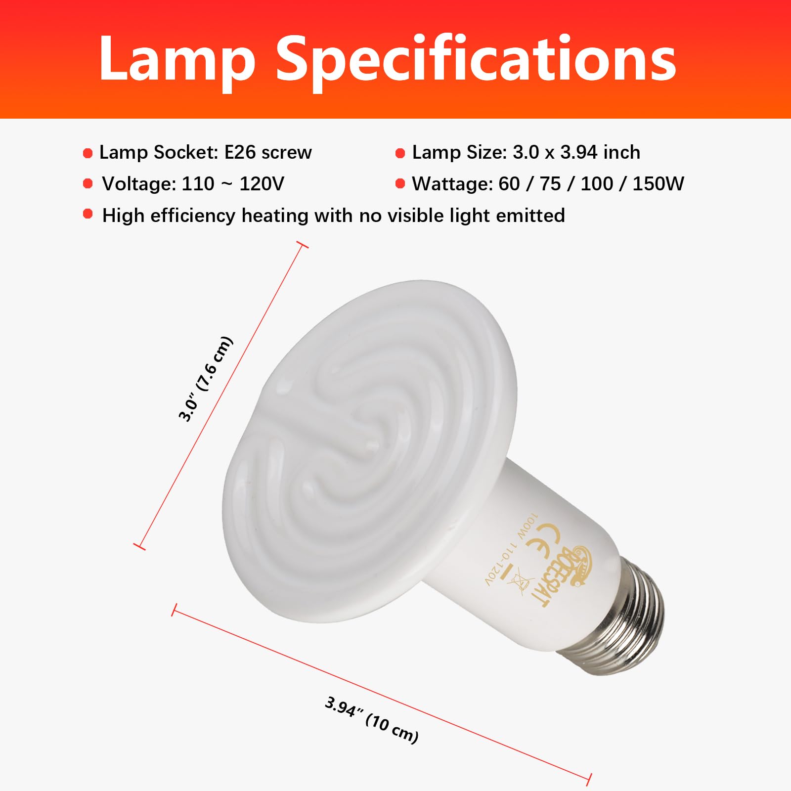 BOEESPAT High Efficiency 60W Ceramic Heat Emitters, Pack of 2 Reptile Heat Lamp Bulbs for Bearded Dragon, Lizard, Geckos, Iguana