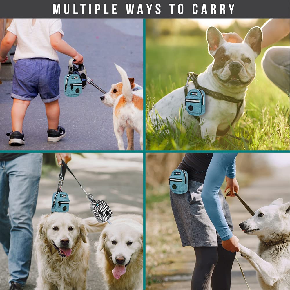 Petami Dog Poop Bag Holder | Dog Waste Bag Dispenser With Clip For Leash And Belt | Portable Fabric Doggy Waste Bag Holder For Walking Hiking Running Travel - With One Roll Of Dog Bag (Teal Blue)
