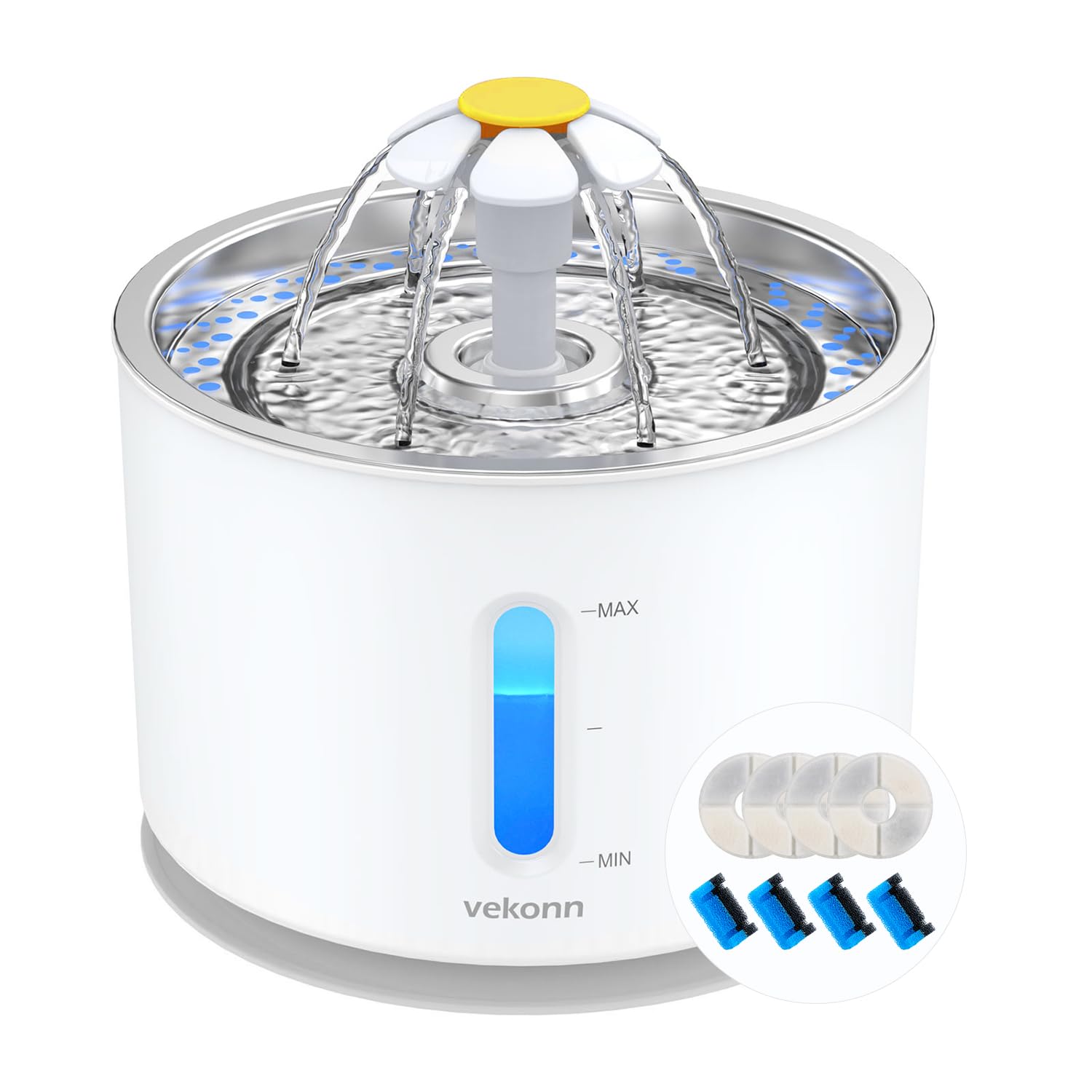 Vekonn Cat Water Fountain Stainless Steel Top With 4 Filters & 4 Sponges, 2.4L Pet Water Fountain For Small Dog And Cat With Led