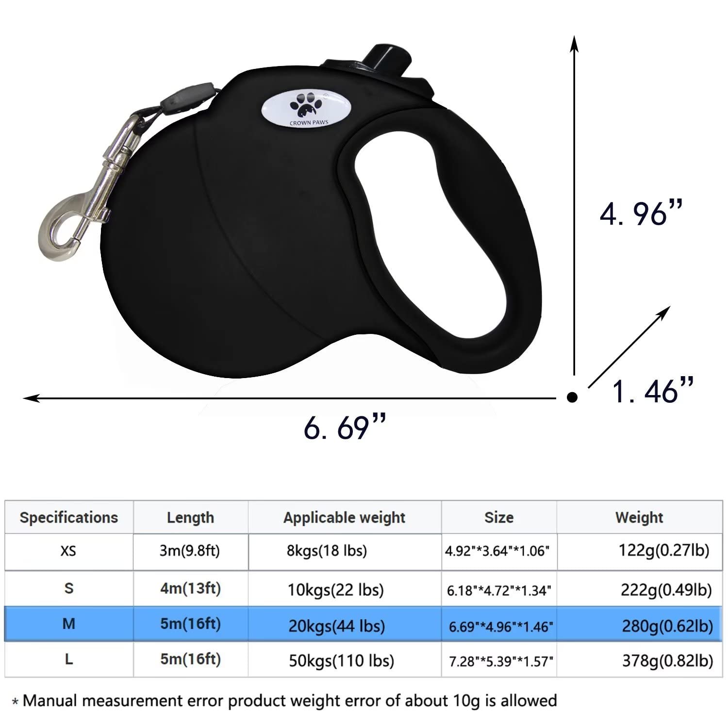 Crown Paws 16 Ft Retractable Dog Leash For Large Dogs Up To 44 Lbs,Tangle-Free Nylon Tape,Black Dan M