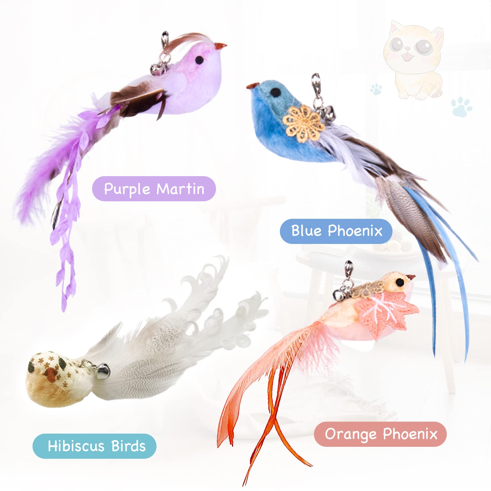 Hosfroll Cat Toys Wand, Interactive Cat Toy With Super Suction Cup Sticky Detachable 12 Pcs Feather Replacements 2 Wands Cat Spring Feather Toys For Indoor Cats Kitten Toys (4 Birds Replacements)