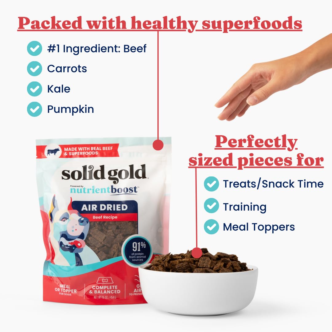 Solid Gold Air Dried Dog Food Toppers for Picky Eaters - Healthy Dog Treats Made with Real Beef to Serve as Meal Topper or Dog T