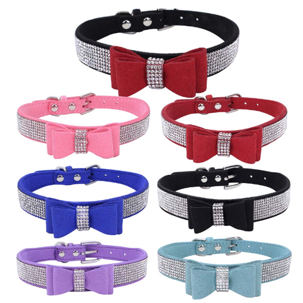 Dogs Kingdom 10-24 Length Cute Pet Dog Velvet Bow Tie Collar Puppy Cat Full Crystal Rhinestone Necklace Adjustable,Red,Xxs