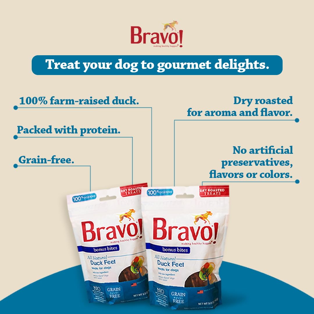 Bravo! Dry Roasted Duck Feet Dog Treats, 200 Count, High Protein, Grain Free, Gluten Free