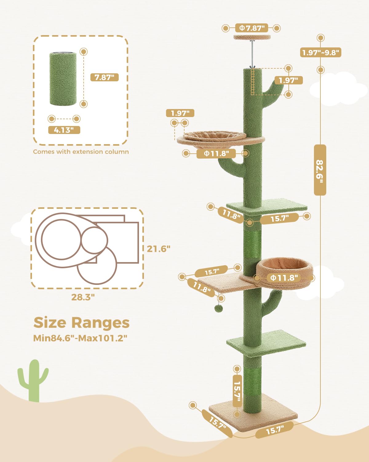 Petepela Floor To Ceiling Cat Tree [87''-100''] Height Adjustable, 5 Levels Cactus Cat Tower With Perch&Replaceable Hammock(Visi