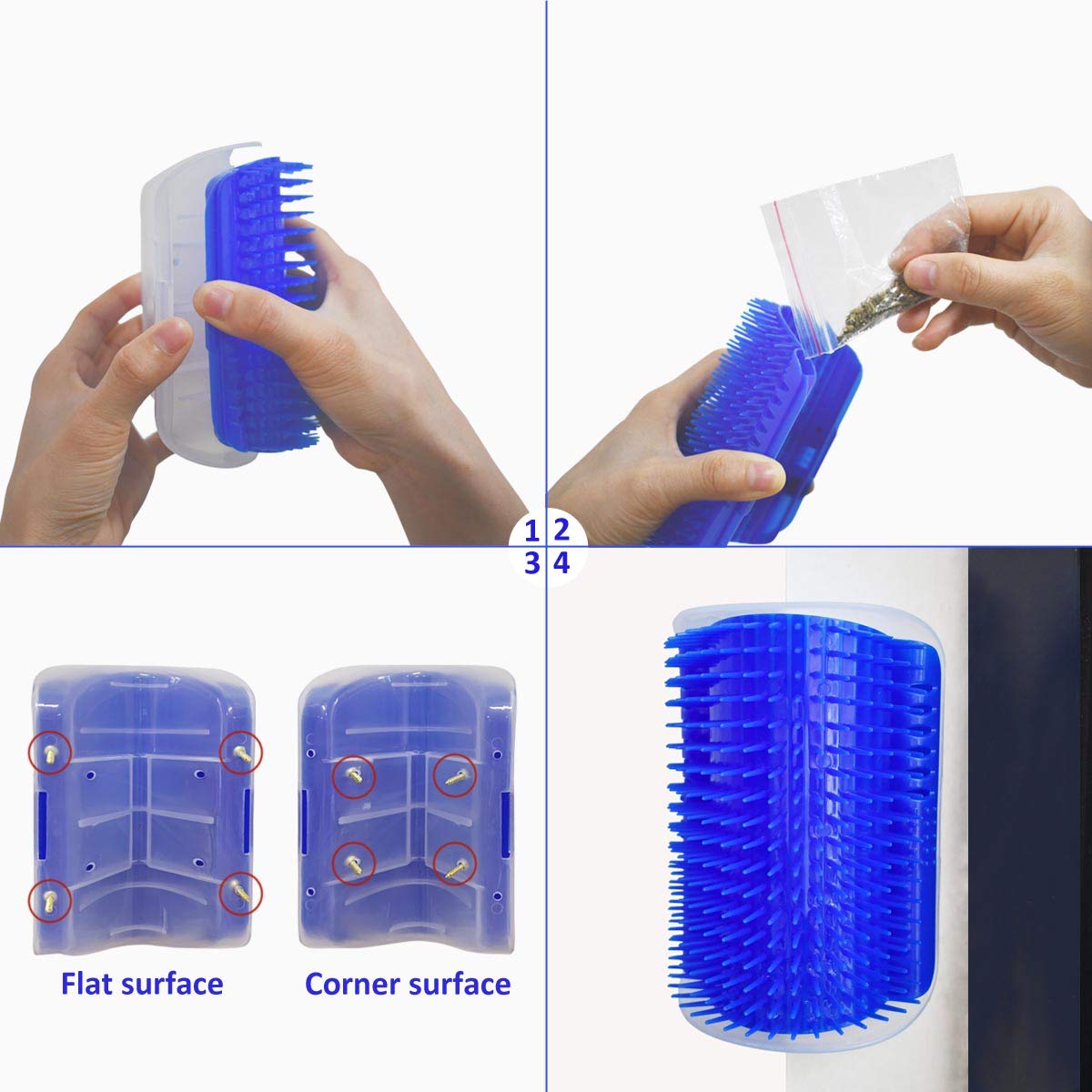 2 Pack Self Grooming Wall Brush For Cats And Dogs - Cat Groomer With Catnip, Massage Comb Tool For Long & Short Fur Pets (Blue)