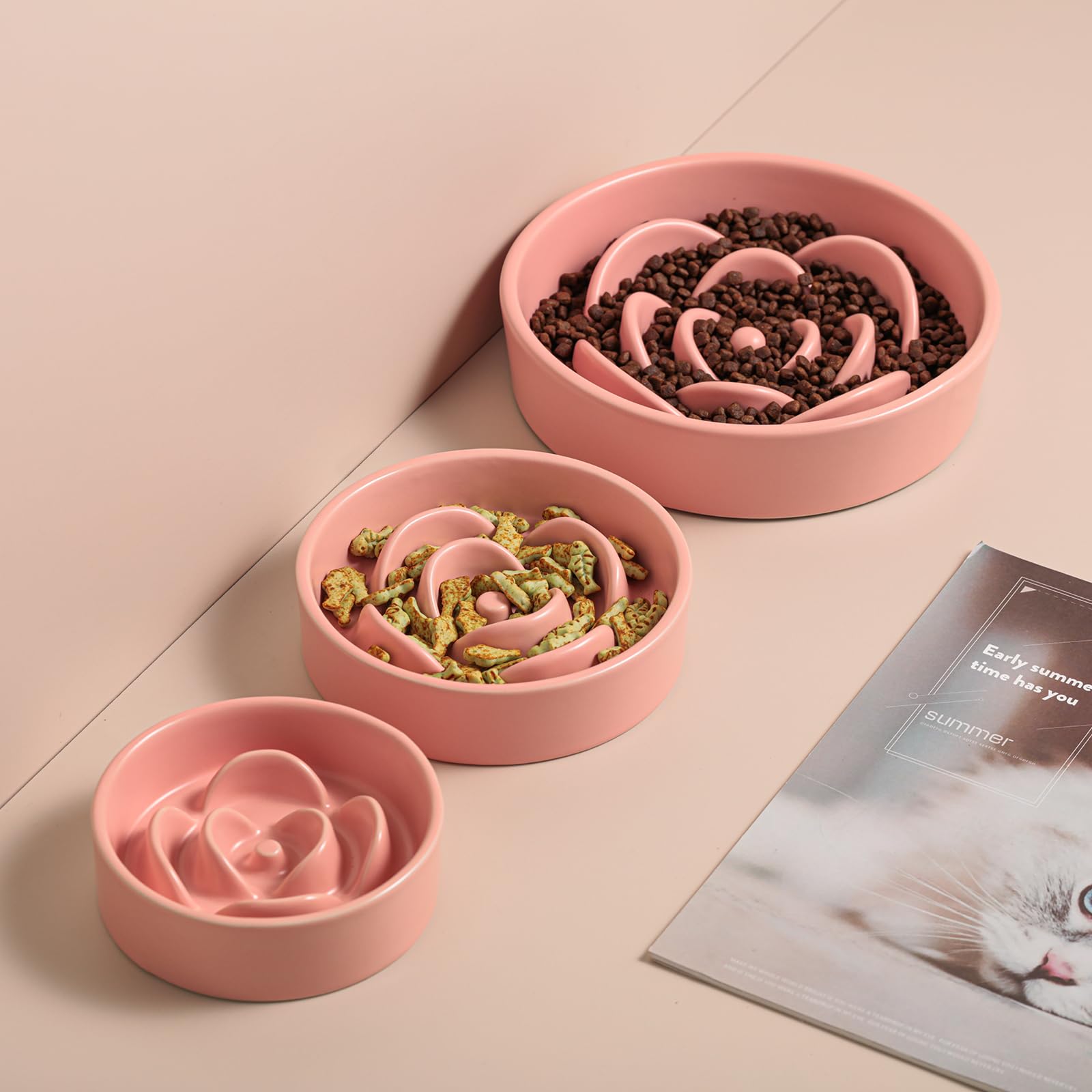 Pink Ceramic Dog Bowl Slow Feeder for Medium and Large Breed,1.5 Cup 8.26 in Slow Feeding Bowl,Puzzle Dog Food Bowl for Fast Eat