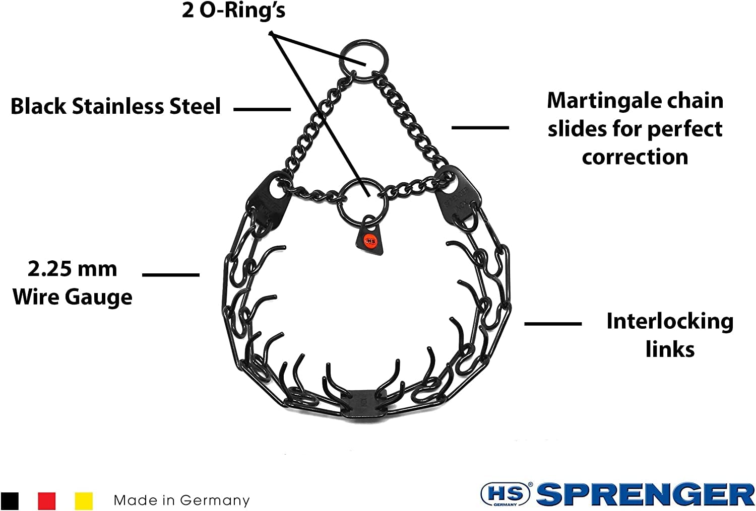 Hs Herm. Sprenger Germany Black Stainless Steel Prong Dog Training Collar Ultra-Plus Pet Pinch Collar No-Pull Collar For Dogs Anti Pull Training Collar Made In Germany 2.25Mm X 16In Small