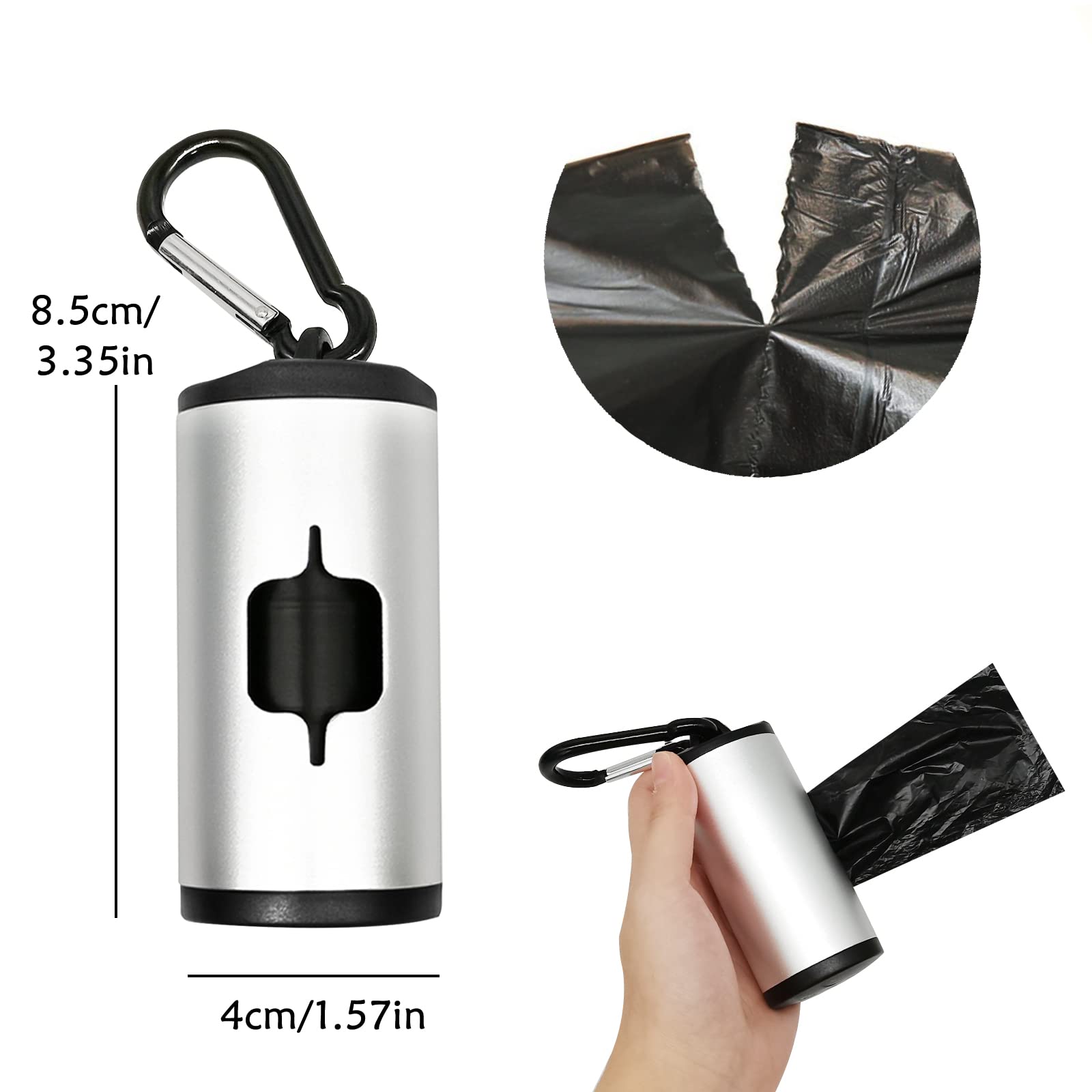 Yuchiya Aluminum Dog Poop Bags Holder With Carabiner Metal Pet Waste Bags Dispenser With Hook And Loop Fastener And Elastic Cord To Carry Used Bags(Silver, 2 Holder 30 Bags)