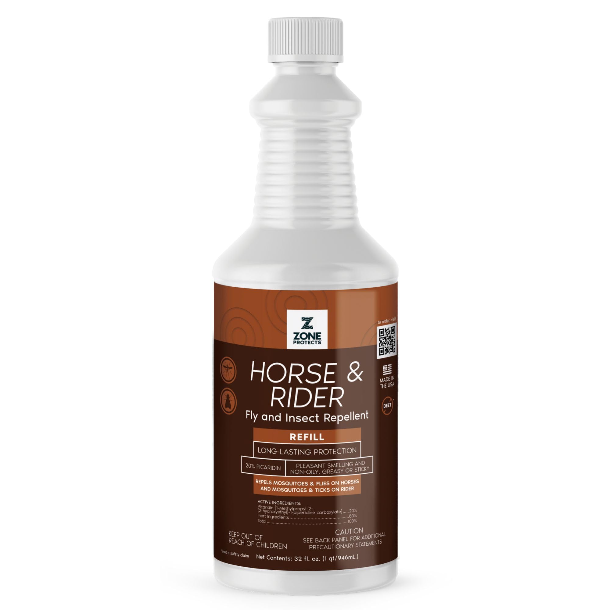 Zone Protects Horse & Rider Fly/Insect Repellent 32oz Refill; Picaridin Based, Light Fresh Scent, Masks Horse Hide; 12-Hr Proven
