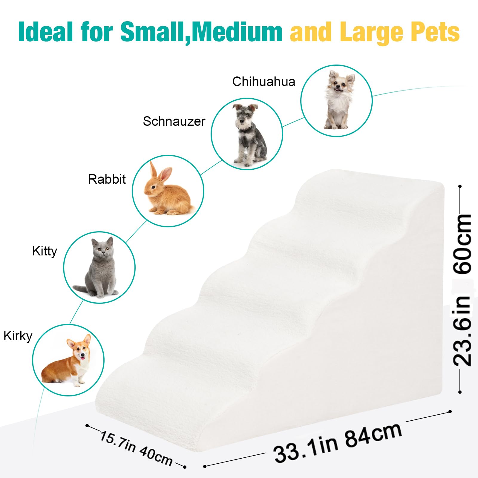 Uross Doggy Stairs For Small Dogs & Cats, High Density Foam Pet Steps Stairs W/ 5 Tiers For High Bed/Couch (Beige)